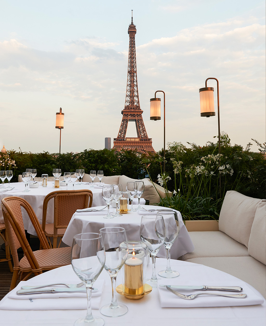 View of the Eiffel Tower from a dining table