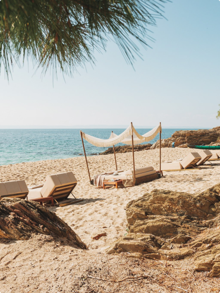 View of sunbeds on a luxury sandy beach